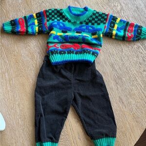 Vintage Boys Colorful Knit Sweater and Matching Black Pants Set, Size 12M